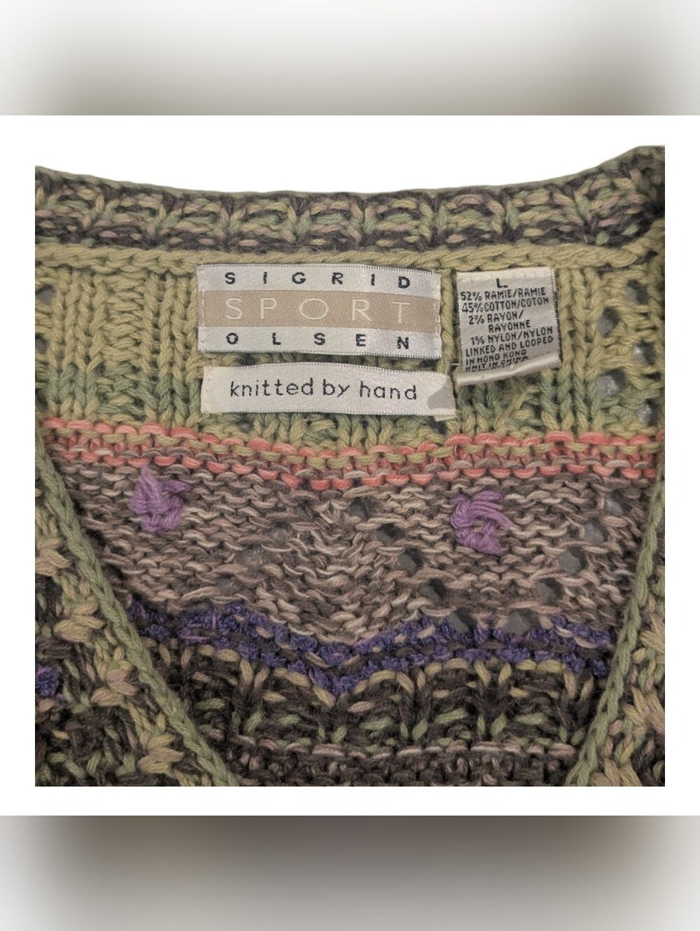 Sigrid Olsen Sport Vintage Fairycore Grannycore Hand Knit Floral Cardigan - Sz L - Picture 2 of 6